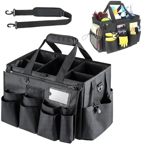 Vurlexat Cleaning Caddy Bag, Waterproof Nylon Cleaning Organiser with Handle&Adjustable Strap, Large Capacity Cleaning Supply Organizer with Foldable Dividers&Detachable Storage Cover for Cleaners