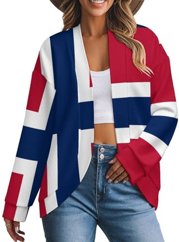 Norwegian Flag Women Shoulder Down Long Sleeve Cardigan Breathable Open Front Knit Sweater for Fall