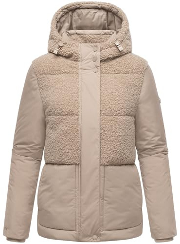 MARIKOO Damen Teddy-Fleecejacke warme Winterjacke Plüschjacke in angesagtem Materialmix mit Kapuze Sheeta 16 XS-3XL