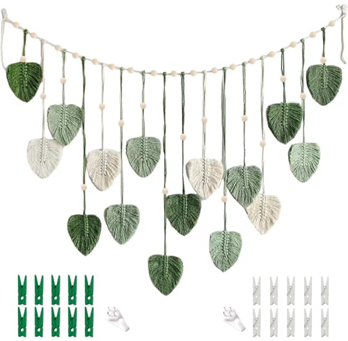 Neikafan Macrame Wall Deco Leaves Boho Large Wall Hanging Macrame Leaf Tapestry Walldeco Hanging Bohemian for Photo Display for Bedroom Living Room Decoration with Picture Hanging Hooks