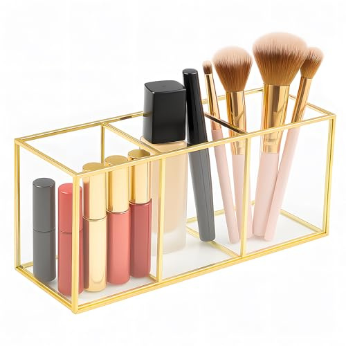 SUNNYNEST Makeup Brush Holder 3-Compartment Glass and Brass Cosmetic Storage 19.5×7×9cm Organizer Vintage Make up Storage Box Gold Makeup Brush Organiser for Brushes Eyeliner Pen Lipstick