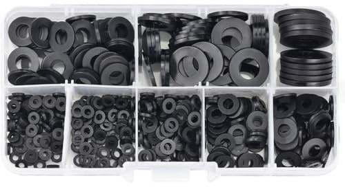 WIIYENA Lot de 500 rondelles plates en nylon, rondelles d'étanchéité en plastique noir pour boulons et vis métriques M2 à M10, kit de rondelles plates épaisses