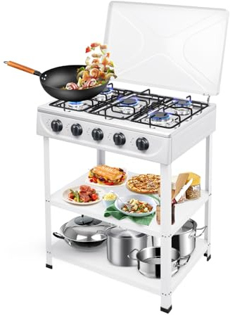 whsiodj Cocina de gas portátil de 5 llamas, 2,5 kW, estufa de gas para gas propano y gas natural por quemador, hierro fundido resistente con cubierta