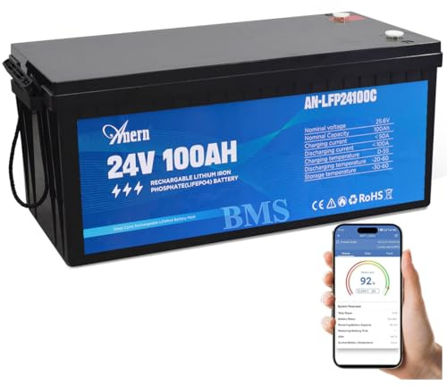 Anern Recargable Batería Litio 24V 100Ah 1280Wh Bluetooth con BMS Protección 15000+ Ciclos Profundo Batería LiFePO4 para Energía Respaldo,Sistema Solar Barco Hogar Camping