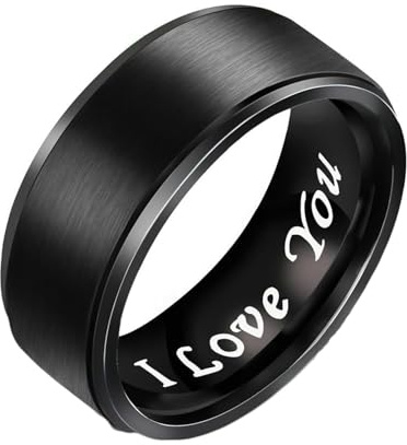 Whoiy Bröllopsringar silver/svart 8 mm I Love You, förlovningsringar rostfritt stål borstad herrbandring utan sten med gravering, personlig för män storlek 52–67, 62 (19.7), Icke-ädelmetall, Ingen