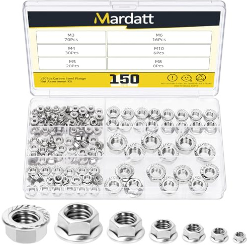 Mardatt 150Pcs M3 M4 M5 M6 M8 M10 Serrated Flange Nuts, Carbon Steel Metric Nickel Plated Flange Hex Lock Nuts for DIY Home Mechanism, Silver