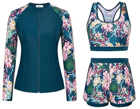 JASAMBAC 3-Teiliger Rash Guard Set Badeanzug Damen Bauchweg Langarm Badeshirts Bikini Oberteil Und High Waist Badeshorts Reißverschluss Bademode Surfanzug Sport Schwimmanzug