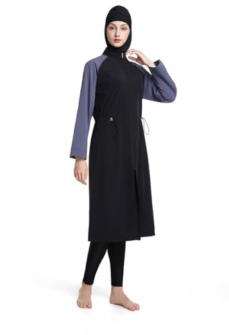 Generisch Badeanzug Damen Muslim Große Größen 3tlg Set Rash Guard Langarm Ganzkörper Schwimmanzug Schwimmkleid + Schwimmhose + Hijab Badeanzug Islamische Schwimmkleidung UV Schutz