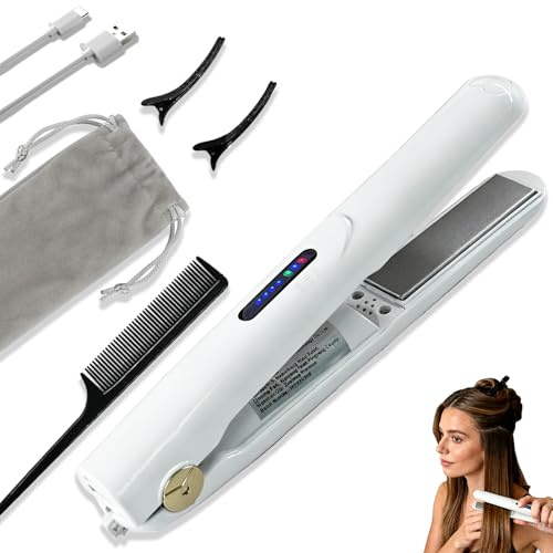 Mini Hair Straightener Rechargeable,2in1 Cordless Hair Straighteners and Curler,Mini Hair Straightener Wireless,Rechargeable Ceramic Mini Portable Curling Iron with 2600mah (White)