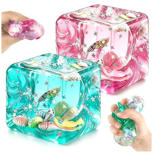 Kutakuta 2 Pezzi Fidget Giocattoli Squishy Cube,Cubo Sensoriale Traslucido con Conchiglie & Stelle Fluttuanti Squishy Stress Sollievo Giocattoli Autismo Fidget Cubo Sollievo Dell'Ansia Sensoriale Ball