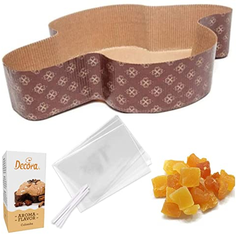 Set Stampo COLOMBA (5pz - 1 Kg) + Arancia a Cubetti Candita (100gr) + Aroma Colomba (50gr) + Sacchetti (5pz) con laccetto chiusura - forma pirottino in Carta Forno Monouso per Colombe Pasquali