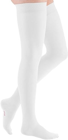 medi mediven elegance | Atmungsaktive Kompressionsstrümpfe Oberschenkellang | Mit Komfortsohle | Größe: IV | KKL 1 | Farbe: Weiß | Normal | Geschl. Spitze | Flächen-Haftband Rose