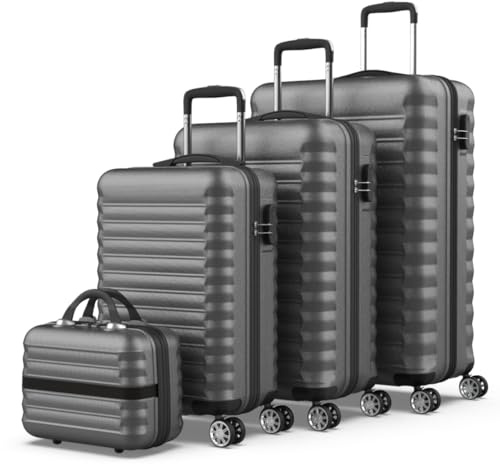 NEWTECK - Gepäck-Set und Kulturbeutel 4 Stück Grau, groß 75cm, mittel 63cm, klein 53cm und Kulturbeutel, ABS, starr, widerstandsfähig, 4 Doppelräder, leicht, seitliches Kombinationsschloss