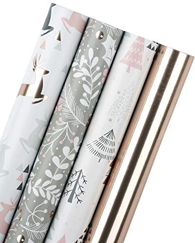 RUSPEPA Geschenkpapierrolle - Rosa Und Graues Hirschpapier Mit Glitzernder Metallfolie Glanz - 4 Rollen - 76cm X 305cm Pro Rolle