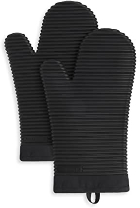 KitchenAid Ribbed Soft Silicone Oven Mitt Set, 7x13, Onyx Black