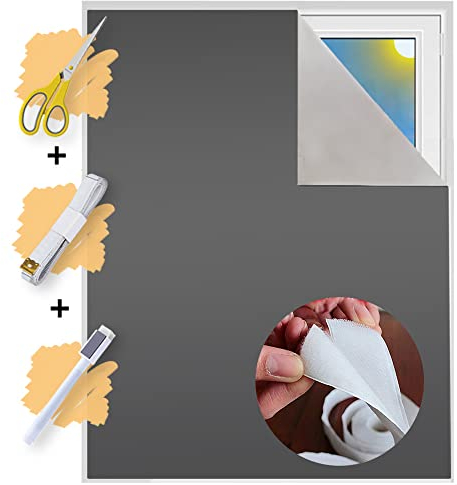 Verdunklungsstoff Meterware | Hitzeschutz oder Kälteschutz | Sonnenschutz zu 100% Verdunkelung | Folie mit Thermobeschichtung für alle Fenster | Rollo ohne bohren | Blackout (Grau mit Klettband)