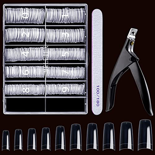 500 Stücke Falsche Nägel Tips, Künstliche Nägel Acryl Fake Nägel Tipps mit Nagelknipser Nagelfeile (Transparent)
