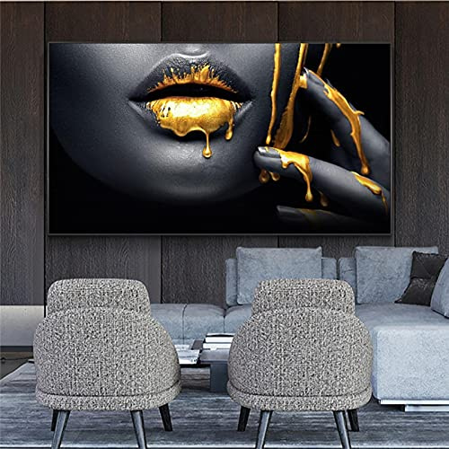 Große Größe Schwarze Frauen mit Goldenen Sexy Lippen Ölgemälde auf Leinwand Moderne Pop Art Wandbilder Living Roon Decor 60x122cm (24x48in) Mit Rahmen
