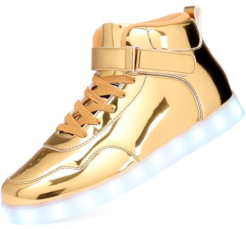 APTESOL 11 Modos LED Zapatillas, Zapatillas Altas con iluminación para Hombres y Mujeres, Zapatos con Luces Intermitentes Recargables por USB [Dorado,38]