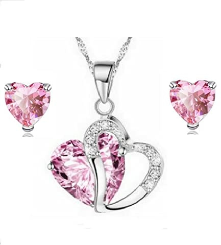 Ava Collections Women S925 Sterling Silver Cubic Zirconia Jewellery Set Pink Heart Necklace with Earrings and Chain 45cm