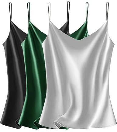 VIDUSSA Débardeurs Femmes Chemise Satin sans Manches Chemisiers Col V Blouse Haut T-Shirt Cami Tops 3 Pack BGRG XL