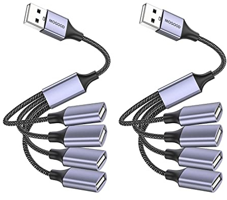 MOGOOD Splitter 1 zu 4, 4 Port USB 2.0 Y Kabel, 2 Pack, für Daten & Strom | USB Verteiler, Nylonkabel, 480 Mbit/s, 1.5A, Plug & Play, für Laptop, PC, Auto, TV, Xbox, U-Disk, Tastatur, Arbeit & Alltag