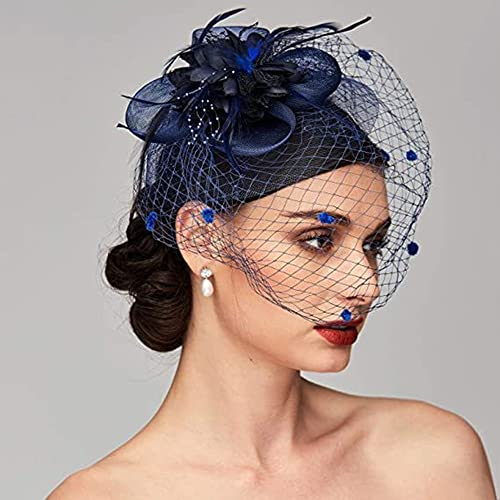 Fascinator Hut Damen Haarspange mit Schleier Feder Blumen Haar Clip Cocktail Tea Party Kirche Haarklammer Haarschmuck Hochzeit Brautschleier Kopfschmuck Karneval Cosplay Festival Haar Accessoires