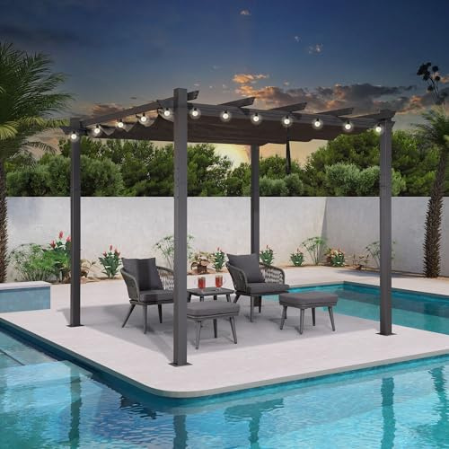 PURPLE LEAF 10' X 10' Outdoor Retractable Pergola with Sun Shade Canopy Patio Metal Shelter for Porch Garden Pavilion Grill Gazebo Yard Modern Gray Pergola