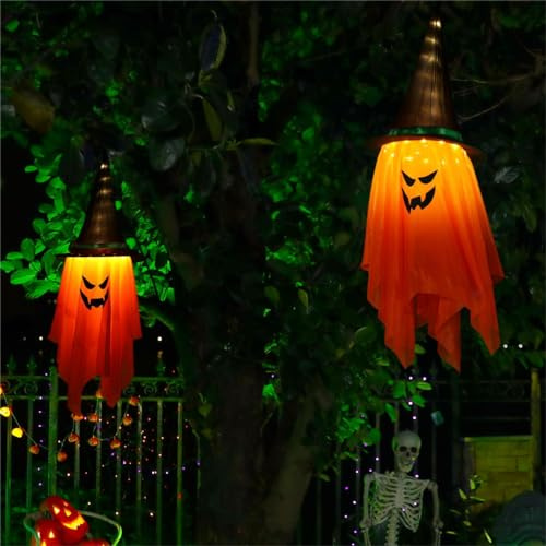 BLOOMWIN Halloween Deko Garten Outdoor Gruselig LED Lichterkette 2Stück 1M | Geister Mit Hexenhut Halloween Dekoration, Außen Batterie, Ip44, Wand, Party, Wohnzimmer, Innen, Herbstdeko