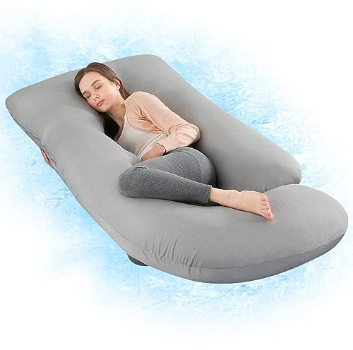 Wndy's Dream Almohada de Embarazo con Funda refrescante, Almohada Lateral Tipo J para Apoyo de Espalda, piernas y Vientre, Funda cómoda para Mujeres Embarazadas (Gris refrescante)
