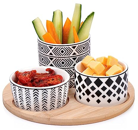 Murago - Tapas Snackplatte 4tlg Set - Bambus Keramik Snack Schalen Teller Platte Brett Serviertablett Schälchen Knabberschale Servierrschale Dips Vorspeisen Oliven Süßigkeiten Nüsse Holz