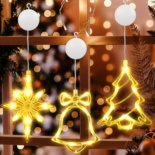 PhilzOps Decoración Navideña: 3 Piezas 10 LED Luces de Hadas para Ventana, Blanco Cálido, Batería, Árbol de Navidad, Campana y Estrella del Norte - Cortina Luminosa para Interior y Exterior