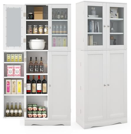 KOMFOTTEU Alacena de Cocina, Aparador de Comedor con Dispositivo Antivuelco, Armario Vitrina de Almacenamiento con 2 Puertas de Vidrio, 60 x 31,5 x 161,5 cm (Blanco)