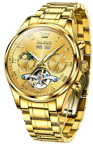 OLEVS Relojes automáticos para hombre, diseño de esqueleto Tourbillon, cuerda automática, diamante, reloj de pulsera de lujo, acero inoxidable, impermeable, luminoso, fase lunar, día y fecha, 7005: