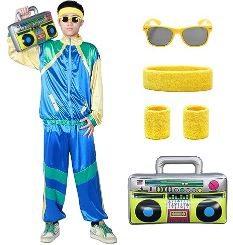 Alaiyaky 90er 80er Jahre Outfit, Retro Jogginganzug Herren Damen 80er Trainingsanzug mit Hose Anzug Schweißbänder Brille Ghettoblaster, 80er Kostüm Bad Taste Outfit für Karneval Faschings (L, Blau)