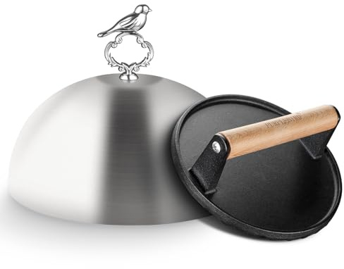 PURPLEBIRD Burgerglocke & Burger Smasher Set, Edelstahl Burgerglocke XL (Ø 24cm) mit Schwerlast Gusseisen Burgerpresse (Ø 17.7cm), Zweiteiliges Burgerpresse Set für Gasgrills, Teppanyaki, Feuerplatte