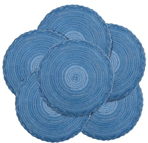 fanquare Runde Platzsets 6er Set Hitzebeständige Geflochtene Platzsets für Küchentisch 38cm Blau Runde Waschbare Tischsets