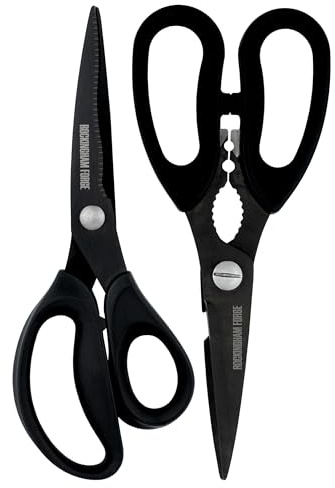 Rockingham Forge Juego de tijeras afiladas de cocina y hogar de 2 piezas, resistentes al óxido, hojas de acero inoxidable curvadas y dobladas de 9CM, cascanueces y abrebotellas, negro