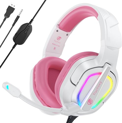 Fachixy FC200 Cuffie Gaming per PS5, PS4, PC, Xbox, Nintendo Switch, con Luce RGB, Microfono, Audio Stereo, con Cancellazione Del Rumore con filo - BIANCO ROSA