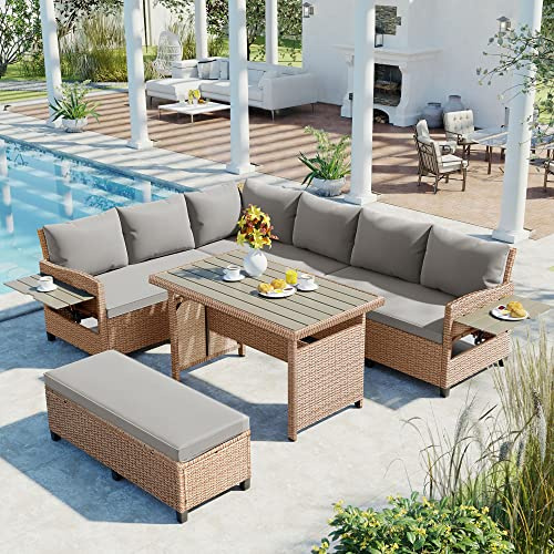 Merax Patio Furniture Sets Outdoor, All Weather Sectional PE Rattan Sofa with 2 Extendable Side Tables, Dining Table and Bench, Brown