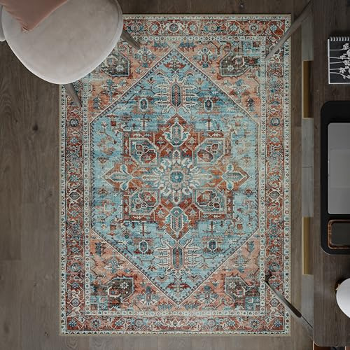 artyrugs Machine Washable Rug, 122x170cm, 75% Recycled Cotton, Short Pile, Non-Slip Backing, Non-Shedding, Suitable for Bedroom, Kitchen, Hallway, Office, Midsize, Cyan Blue & Salmon