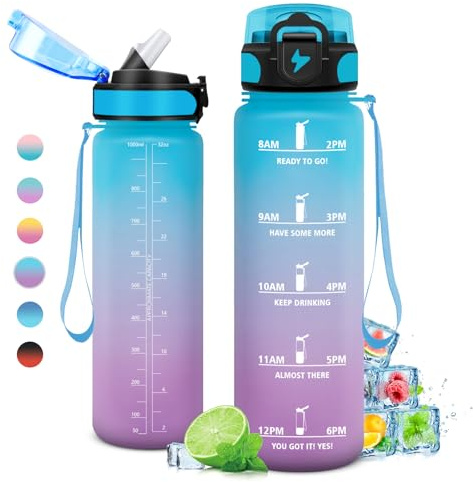 KollyKolla Gourde Sport 1L, Gourde Gym sans BPA, Étanche et Réutilisable, Bouteille d'eau avec Marqueur de Temps et Paille, Gourdes pour Enfant, Adulte, Garçon, Fille, l'école, Camping