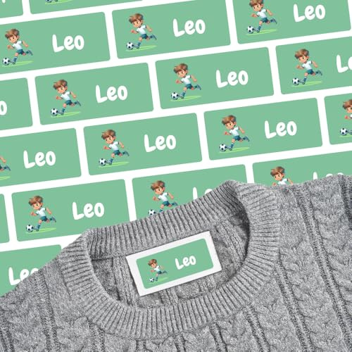 Namensaufkleber für Klamotten & Textilien (35 Sticker) – Aufkleber mit Name und Fußball für Shirts oder Hosen – Ideal für Schule und Kindergarten – Wasserfest, Spülmaschinenfest, 30 x 13 mm