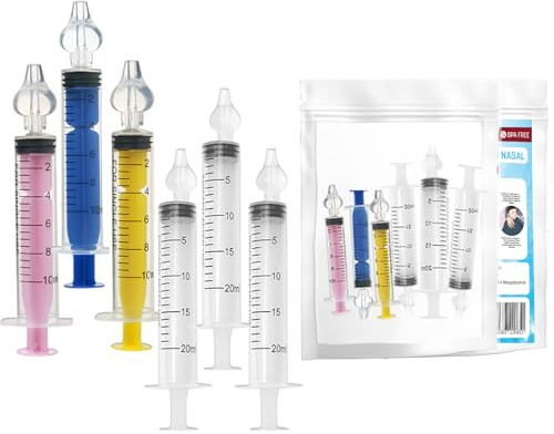 Bornova Nässprutor set för baby och familj – 6-pack (3 x 10 ml för barn + 3 x 20 ml för vuxna) – BPA-fri – nässköljning med mjuk silikonspets – mild rengöring för hela familjen