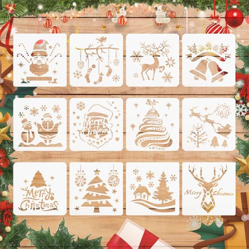 FainFun Schablone Schneeflocken Klein, 12 Stück Schneeflocken Schablone Wand, Weihnachtsschablonen, Malschablonen Weihnachten Geeignet für DIY Weihnachtsdekoration, Feiertagsdekoration(13 * 13cm C)