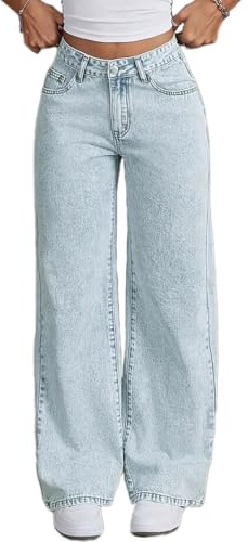 ticticlily Donna Jeans Baggy Gamba Dritti Larghi Vita Alta Ragazza Casuale Y2K Hip Hop Denim Pants Streetwear B Azzurro M