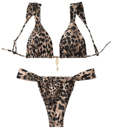 GORGLITTER Women's Leopard Print Swimsuits Tie Back Triangle Thong Bikini Set 2 Piece Swimwear Brown Small