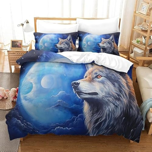 Bettwäsche Wolf Flanell 135x200, Warme und weiche Bettwäsche für den Winter, Wolf Motiv Bettbezug Set für Männer und Teenager, Kuschelige Bettwäsche für kalte Nächte