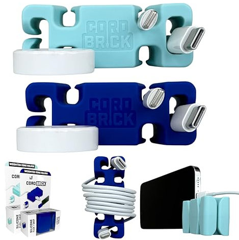 CordBrick 2pk Weighted Cord Holder for Nightstand - Phone Charger Cable Management for Travel, Phone Accessory, Stocking Stuffers for Adults - Multipurpose Gift for Home, Office, Silicone, Aqua/Blue