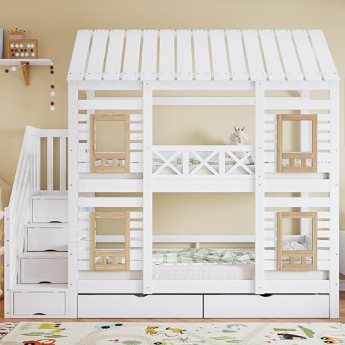 Kebnor Litera, cama infantil, con rejilla anticaídas, con ventana, dos cajones con ruedas, escalera con 4 estantes, madera de pino+MDF, blanco y natural, 90 x 200 cm